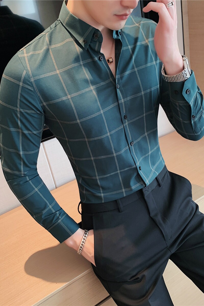 长期做~男士格子衬衫长袖高级免烫衬衣修身商务寸绿色C2040-P68,男装衬衫,电商A213