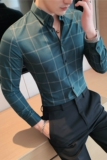 长期做~男士格子衬衫长袖高级免烫衬衣修身商务寸绿色C2040-P68，男装衬衫，电商A213