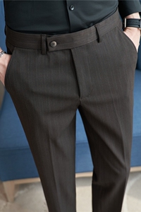 色织质感条纹西裤男士弹力休闲裤修身小脚西装长裤咖色XK8019-P75图片