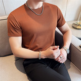 薄款冰丝弹力暗条纹修身短袖T恤男弹力圆领打底衫军绿色TH020-P37，男装T恤，电商A213