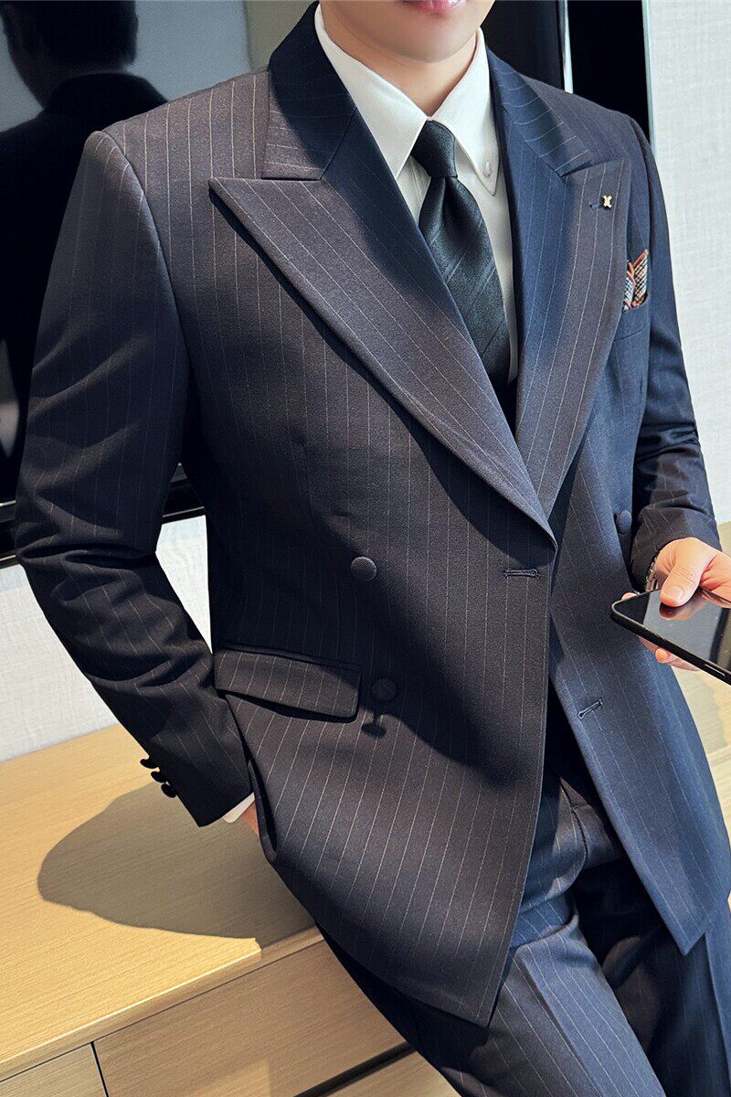 厚款大戗驳领双排扣西服拉伸腰围西裤条纹西装三件套SJT2082-P285图片
