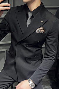 S-7XL高品质~加厚双排扣西服套装修身西装三件套黑色SJT412-P270图片