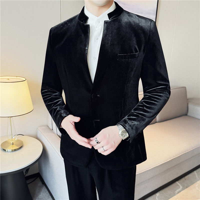 新中式高级感立领丝绒休闲西装外套男士秋冬加厚西服DX23685-P155图片