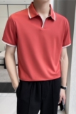 轻熟风~V领拼色翻领T恤男士短袖POLO衫枫叶红PL05-P55，男装T恤，电商A213