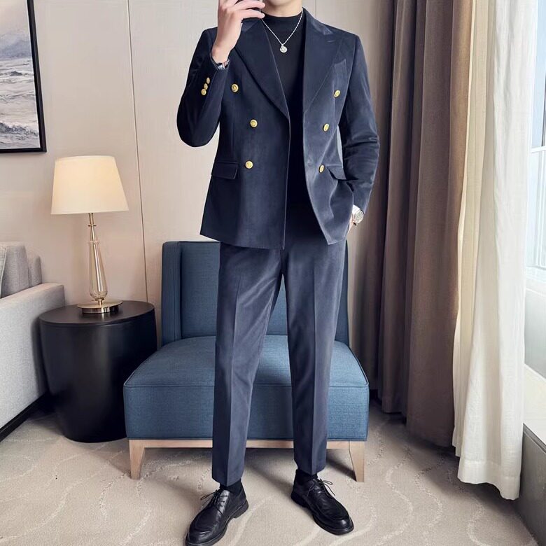 定制绒面布料~重磅加厚毛呢双排扣西服外套男西装套装LJT709-P280图片