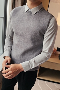 千鸟格子衬衫领假两件纯色毛衣针织套头毛衣男灰色M1512-P95图片