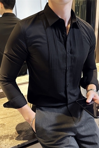 塔士多礼服衬衫新郎结婚长袖衬衫男褶皱设计感衬衣黑色C6609-P73图片