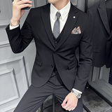 薄款戗驳领两粒扣单排扣西装男套装西服三件套藏青色SJT505-P265，男装西服套装，电商A213