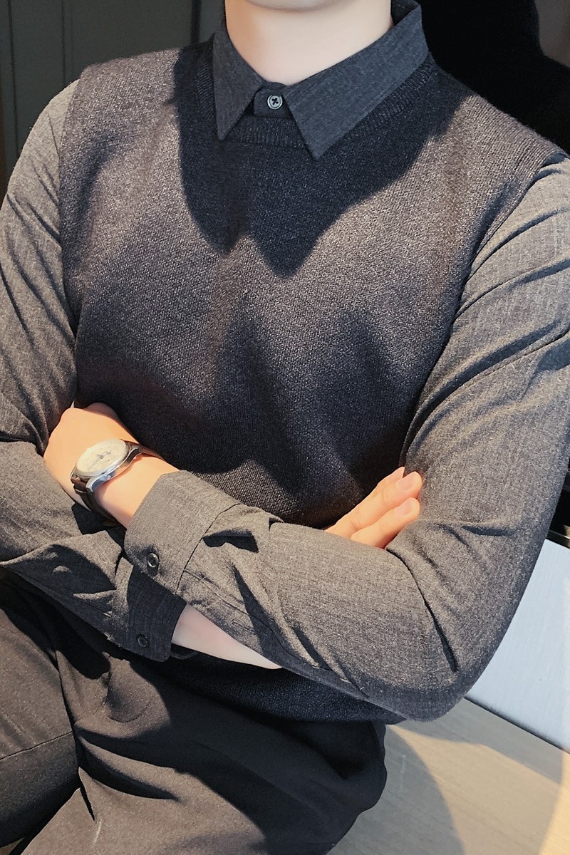 补齐大货 质感衬衫领假两件纯色毛衣针织套头毛衣男黑色M1511-P95图片