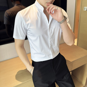 新中式立领衬衫男短袖圆领衬衣休闲时尚衬衣蓝色C2336-P58图片