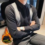 加厚加绒条纹拼接针织毛衣衬衫领假两件毛衣男毛衫灰JR9305-P100，男装针织衫/毛衣，电商A213
