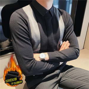 加厚加绒条纹拼接针织毛衣衬衫领假两件毛衣男毛衫灰JR9305-P100图片