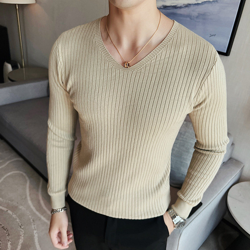 高弹性感V领毛衣男士套头毛衣修身鸡心领针织衫咖啡色M9881-P47特,男装针织衫/毛衣,电商A213