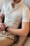 夏季高级感暗条纹短袖衬衫男士韩版潮流修身嫩绿色衬衣DC806-P58，男装T恤，电商A213
