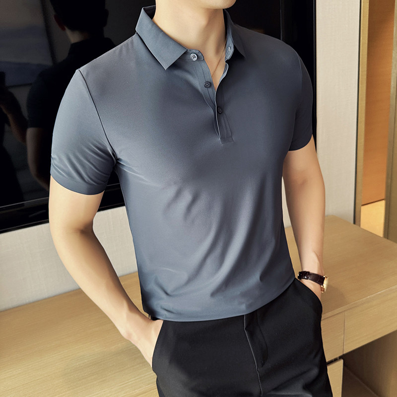 冰丝高弹无痕~夏季薄款polo衫纯色翻领短袖t恤黑色PLN003-P45特图片