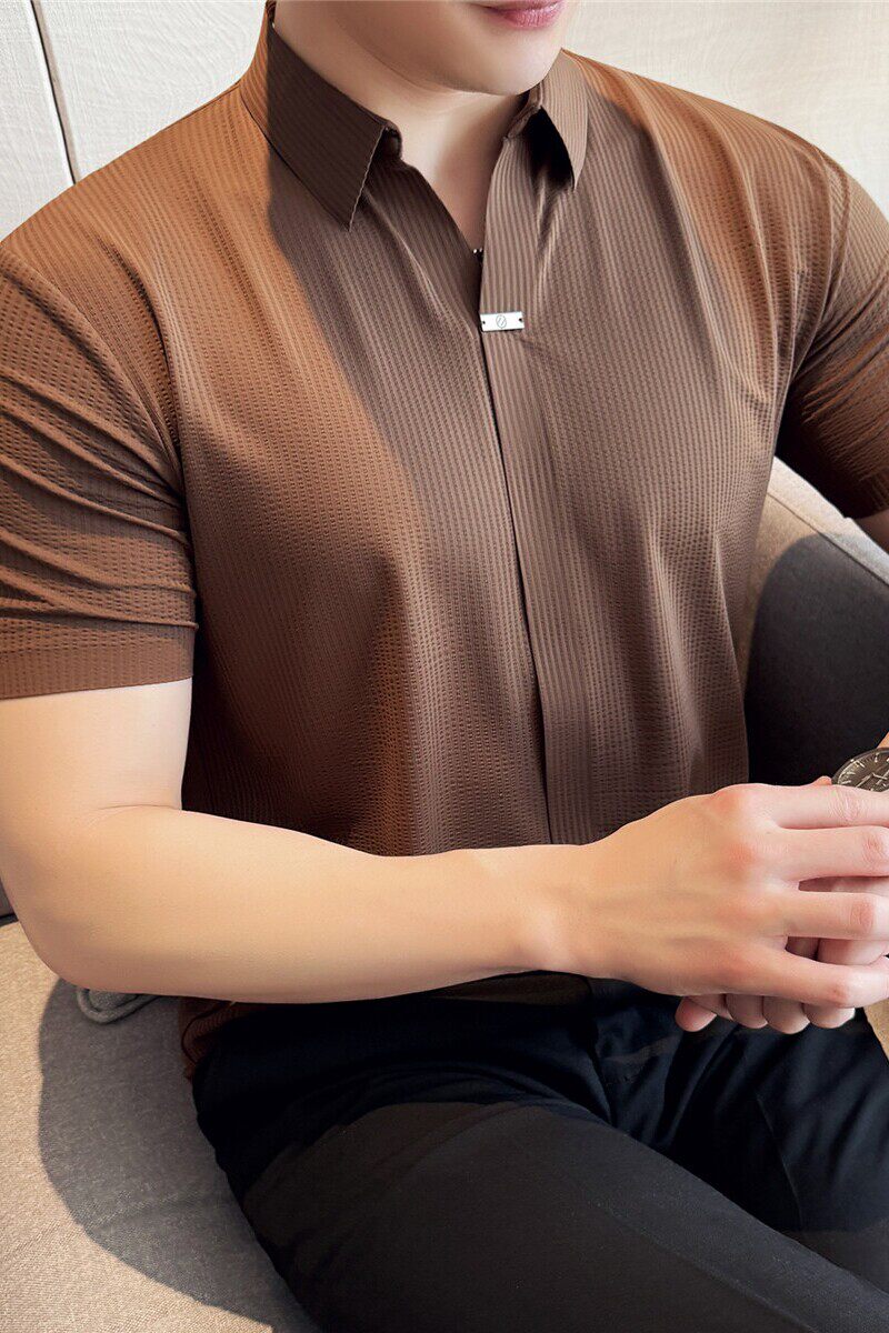 弹力性感V领短袖POLO衫男高级感暗条纹冰丝无痕翻领T恤PL6686-P63,男装T恤,电商A213