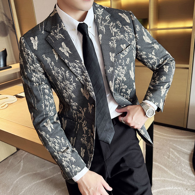 2025秋装花西装外套男西服商务休闲质感印花西装灰色DX8036-P155,男装西服套装,电商A213