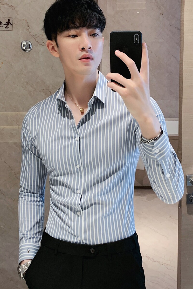 长期做~高品质男刺绣条纹衬衫修身潮男商务长袖衬衫蓝色C2036-P65,男装衬衫,电商A213