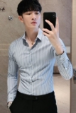 长期做~高品质男刺绣条纹衬衫修身潮男商务长袖衬衫蓝色C2036-P65，男装衬衫，电商A213