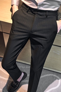 常年做~加厚条纹西裤男弹力舒适小脚英伦休闲裤长裤黑色XK108-P70图片