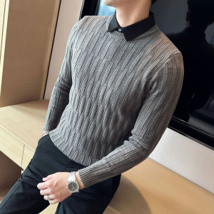 假两件毛衣男柔软弹力加厚修身假领提花针织衫灰色M9858-P98图片