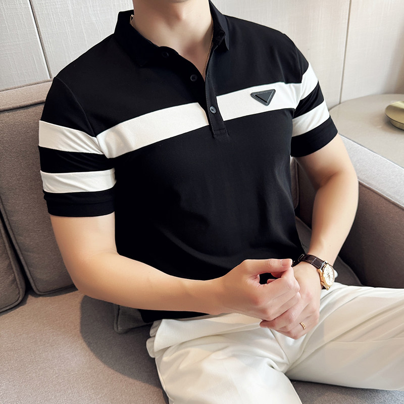 网红款~夏季时尚条纹拼色polo衫男撞色短袖翻领t恤PL222-P47特图片