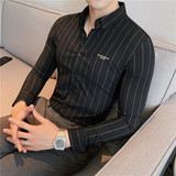 2025秋装新款男刺绣条纹衬衫修身潮男商务长袖衬衫灰色C2033/P65，男装衬衫，电商A213