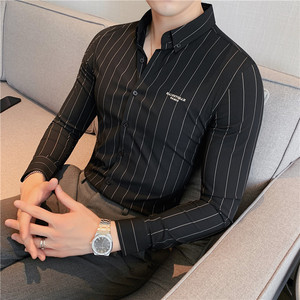 2025秋装新款男刺绣条纹衬衫修身潮男商务长袖衬衫灰色C2033/P65图片