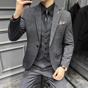 高级感色织布料西服套装男士格子西装三件套男灰色SJT8022-P275图片