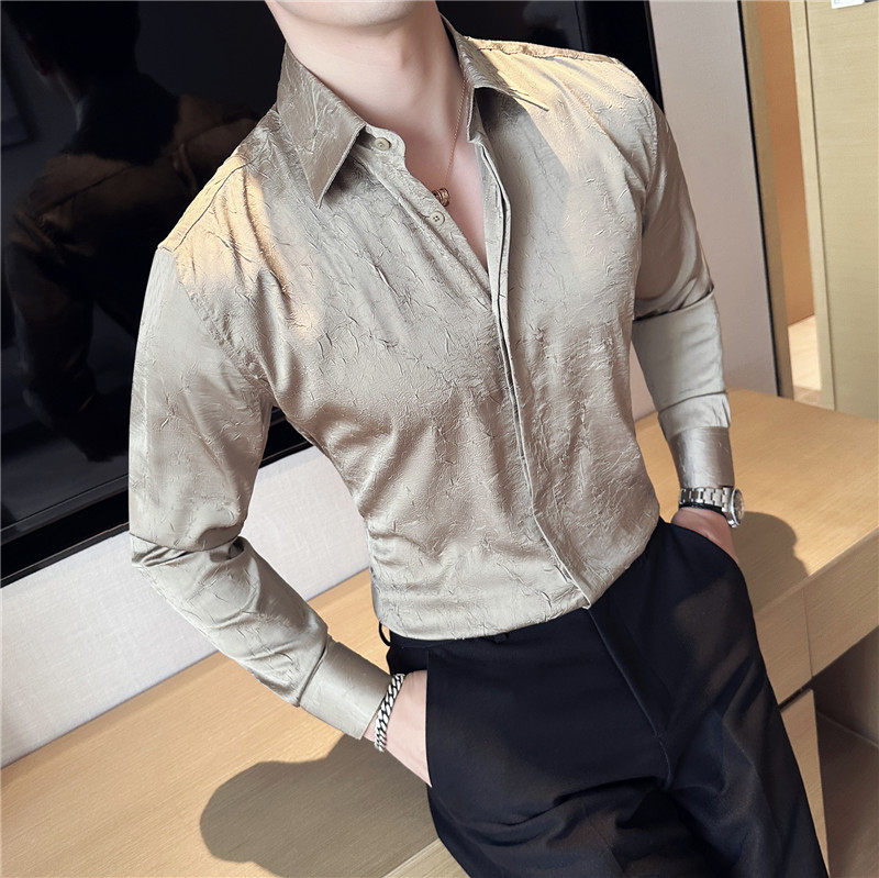 冰丝薄款大V领衬衫男长袖花衬衣褶皱设计立领衬衣深灰色CXT36-P73,男装衬衫,电商A213