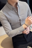 春夏新款高级感薄款男士黑白小格子衬衫修身长袖衬衣黑色CS37-P63，男装衬衫，电商A213