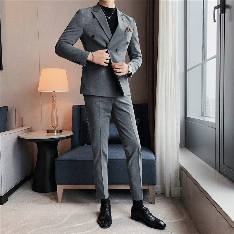 加厚条纹西服套装男痞帅修身双排扣正装结婚西装黑色LJT112-P230,男装西服套装,电商A213