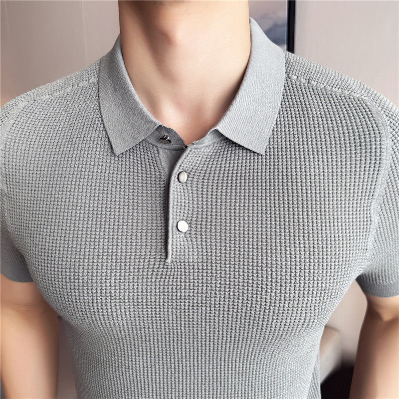 高级感伊力特贝壳扣网格马鞍肩针织短袖Polo衫翻领T恤PL8988-P63，男装Polo衫，电商A213