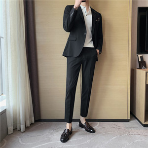 纯色小西装男修身大码两件套男商务休闲西服套装中灰LJT105/P210图片