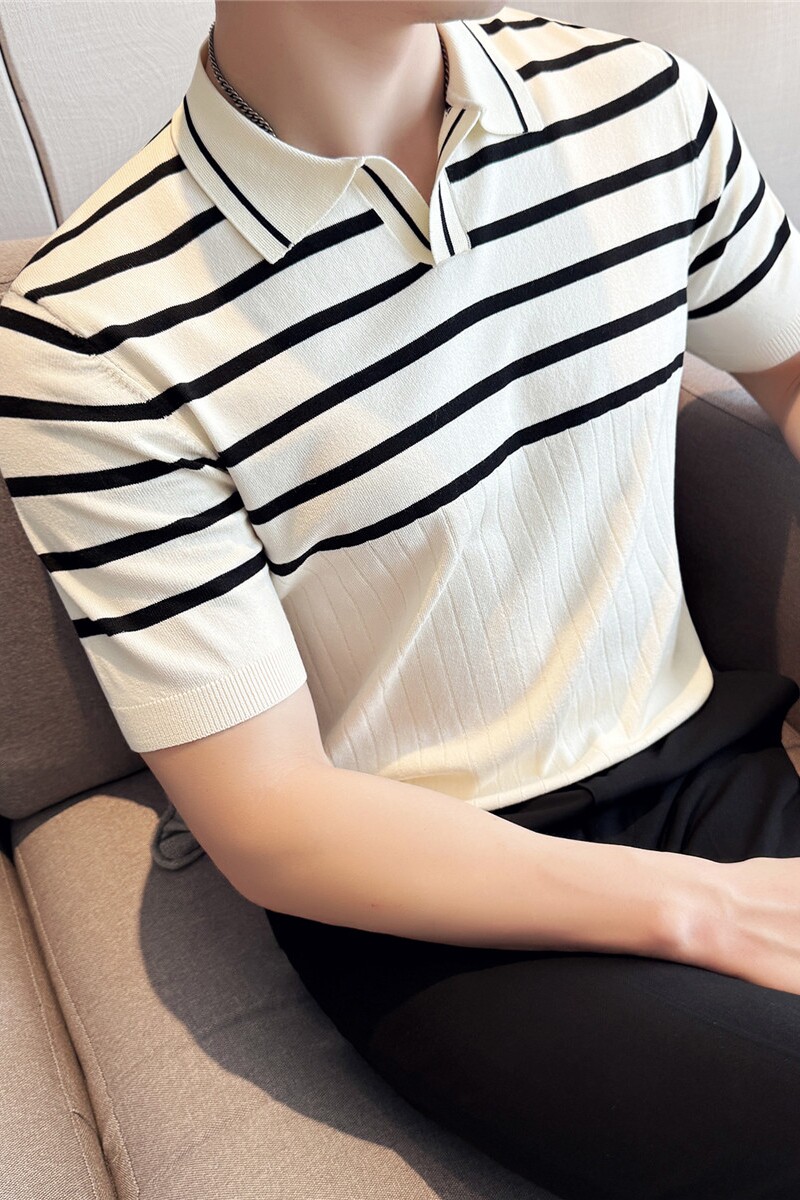 夏季冰丝薄款短袖T恤男条纹针织拼色V领polo衫MT054-P57,男装Polo衫,电商A213