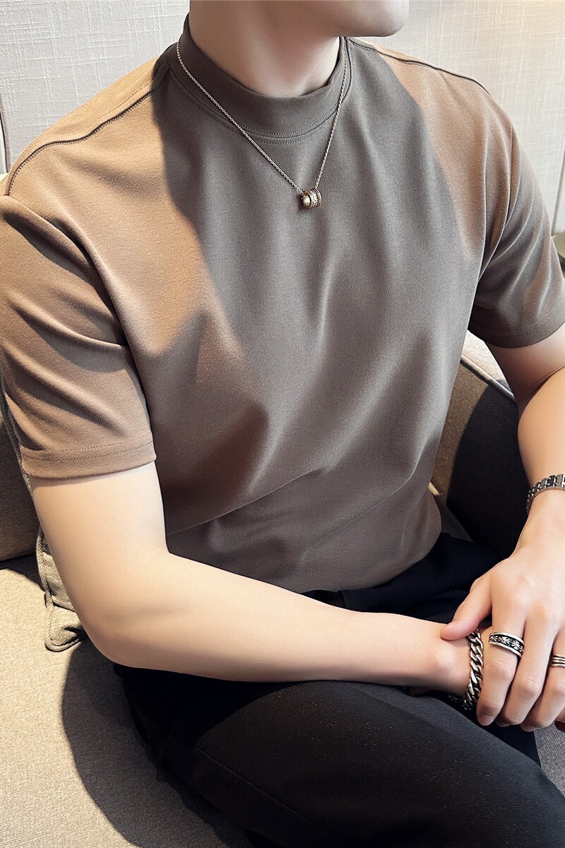 高品质~圆领短袖t恤男纯棉宽松百搭纯色打底衫咖啡色TU251-P47,男装T恤,电商A213