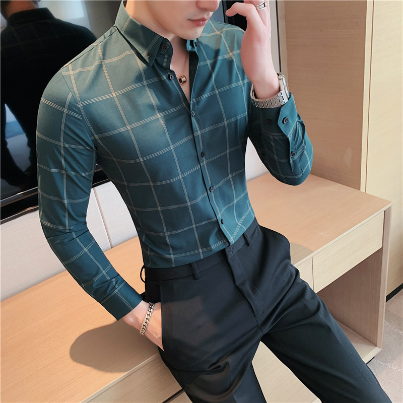 长期做~男士格子衬衫长袖高级免烫衬衣修身商务寸绿色C2040-P68图片