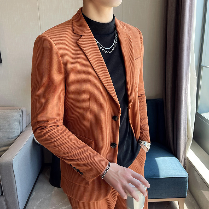 高级感修身灯芯绒西装两件套男条绒加厚休闲西服套装LJT623-P207图片