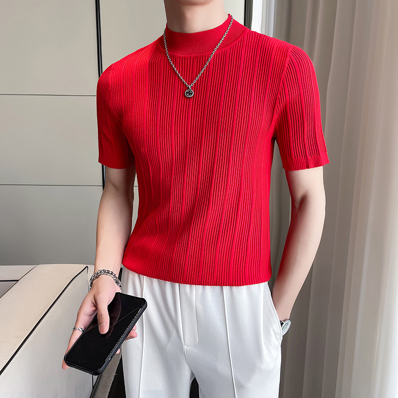 轻熟风~针织短袖半高领T恤男修身内搭上衣毛衣打底衫蓝色MY02-P45,男装T恤,电商A213