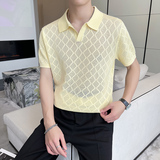 性感V领设计镂空针织翻领短袖男T恤修身洞洞Polo衫黄色PL9763-P63，男装T恤，电商A213