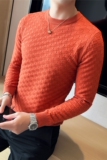 弹力提花编织冬季圆领毛衣男套头修身华夫格针织衫桔色M9342-P57，男装针织衫/毛衣，电商A213