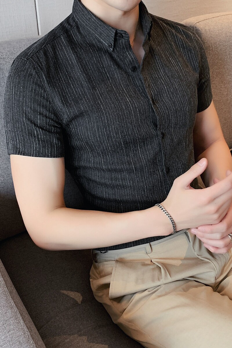 夏季新款高级感条纹短袖衬衫男修身英伦商务衬衣男黑色DC27-P55,男装T恤,电商A213