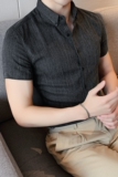 夏季新款高级感条纹短袖衬衫男修身英伦商务衬衣男黑色DC27-P55，男装T恤，电商A213