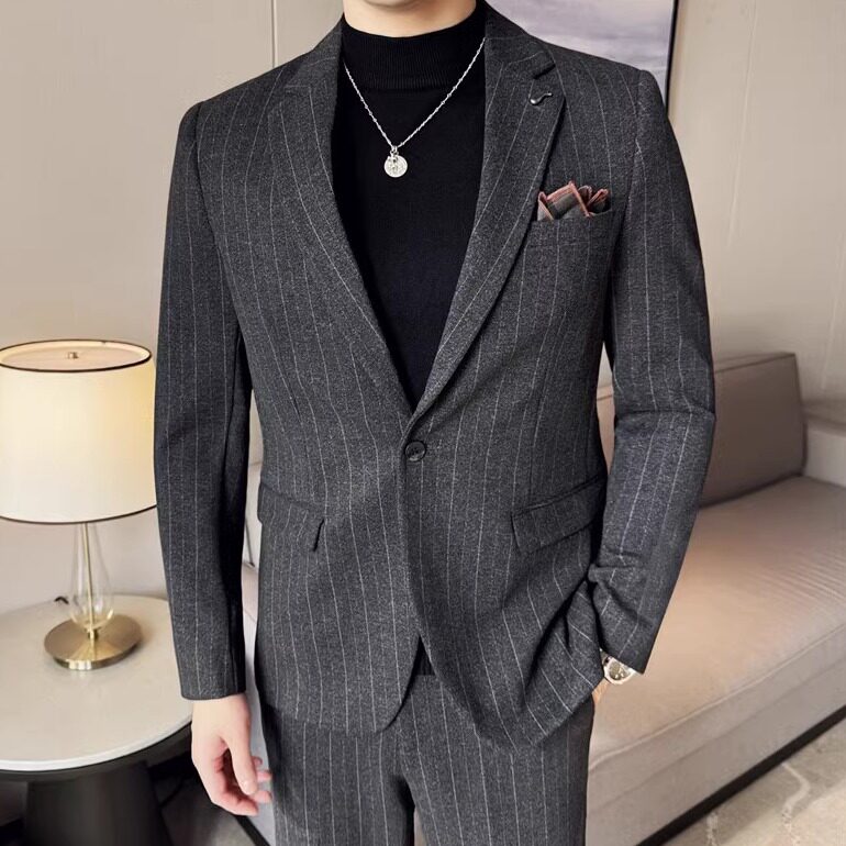 高级感条纹毛呢休闲西装外套男修身韩版秋冬加厚西服DX6953-P155图片