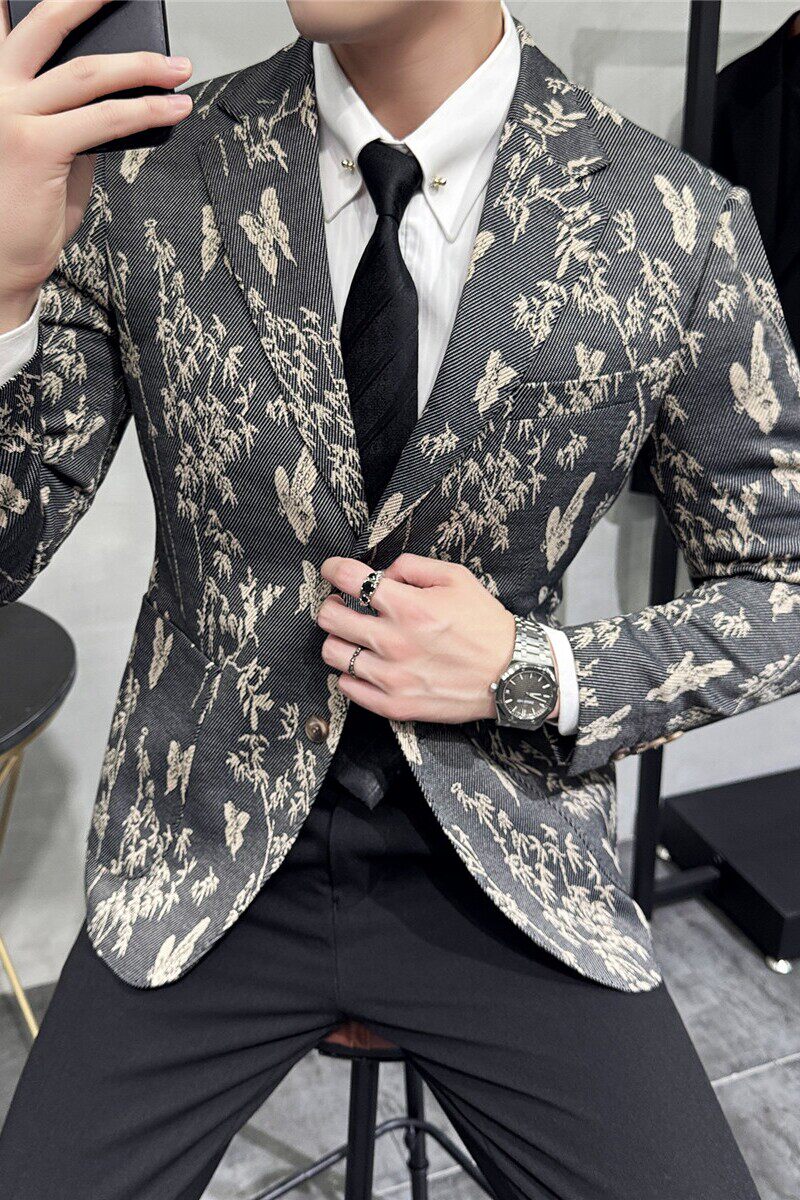 秋装花西装外套男西服商务休闲质感印花西装深灰色DX8036-P155图片
