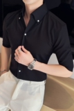 夏季性感V领衬衫男中袖帅气修身休闲立领五分袖衬衣黑色C2301-P58，男装T恤，电商A213
