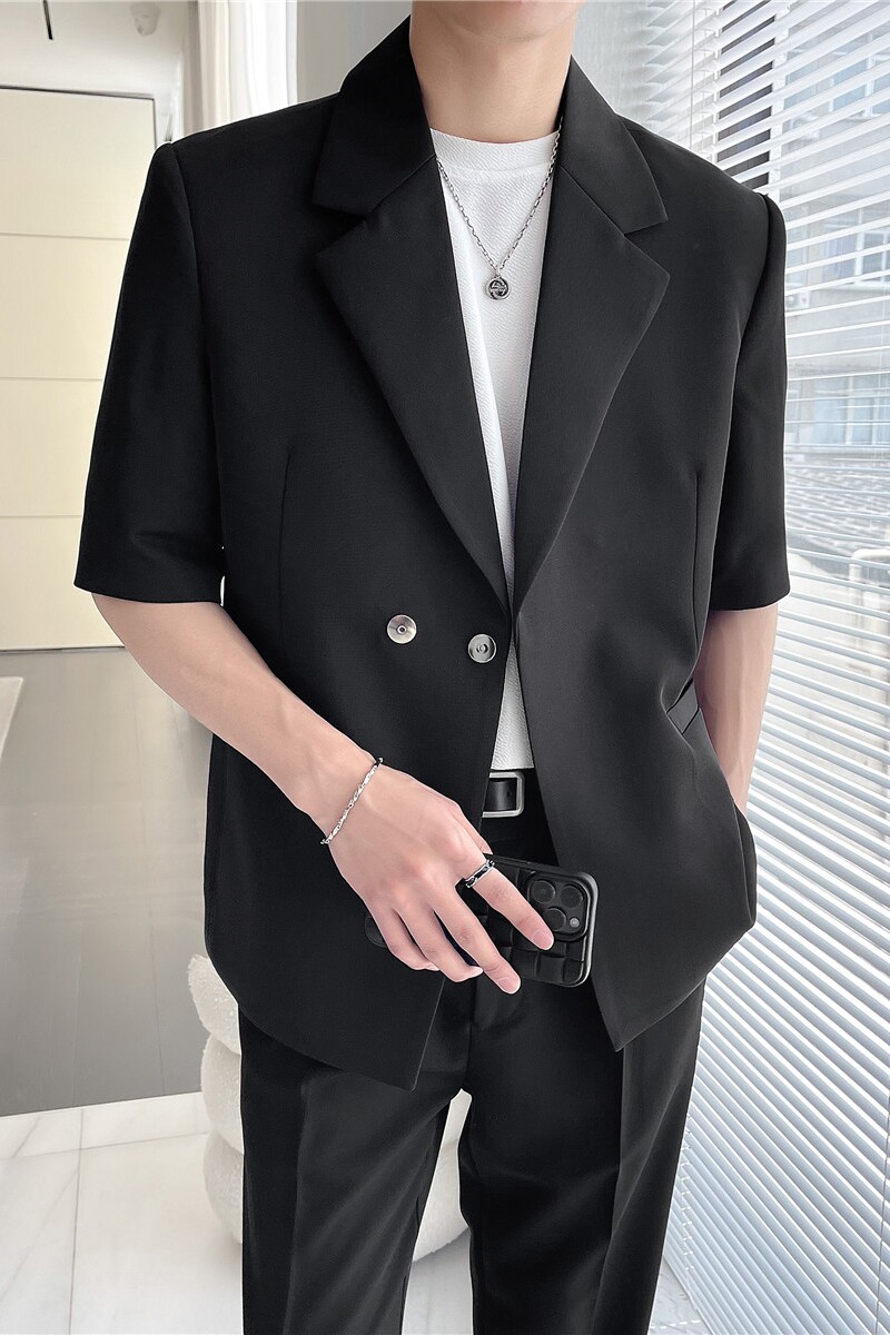轻熟风夏装男宽松质感黑色中袖西装两件套短袖西服LJT5503-P220,男装T恤,电商A213