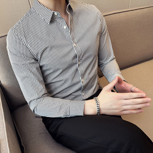 春夏新款高级感薄款男士黑白小格子衬衫修身长袖衬衣黑色CS37-P63图片