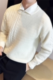 秋冬加厚麻花假两件毛衣衬衫领针织背心毛衣男白色M9511-P113，男装针织衫/毛衣，电商A213