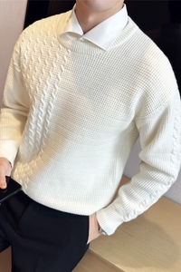 秋冬加厚麻花假两件毛衣衬衫领针织背心毛衣男白色M9511-P113图片